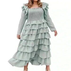 JESSAKAE Collection Midi Dress Tiered Ruffled Smocked Dress Womens Size XL Green